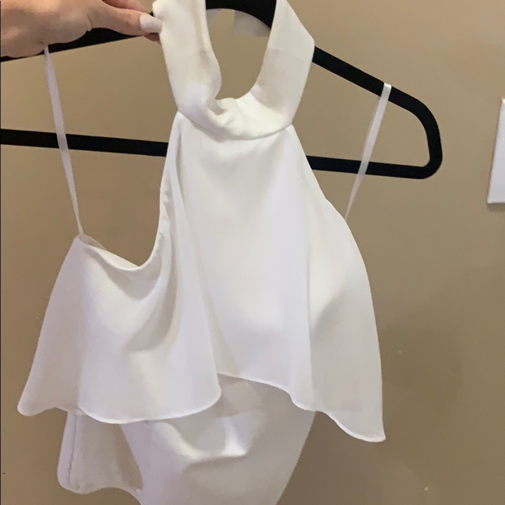 White turtle neck ruffle body suit